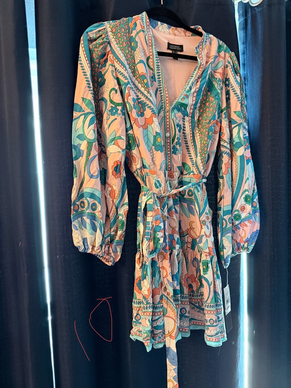 Adrianna Papell Teal Peach Floral Print Long Sleeve Belted Dress